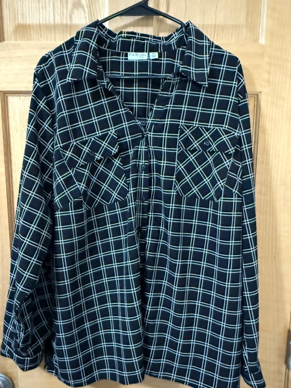 Kim Rogers Curvy Black Grid Print Button Down Blouse 3X Lightweight Workwear